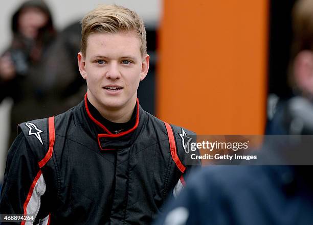 Mick Schumacher of Germany, looks on during the ADAC GT Masters 2015 Test Days at Motorsport Arena Oschersleben on April 8, 2015 in Oschersleben,...