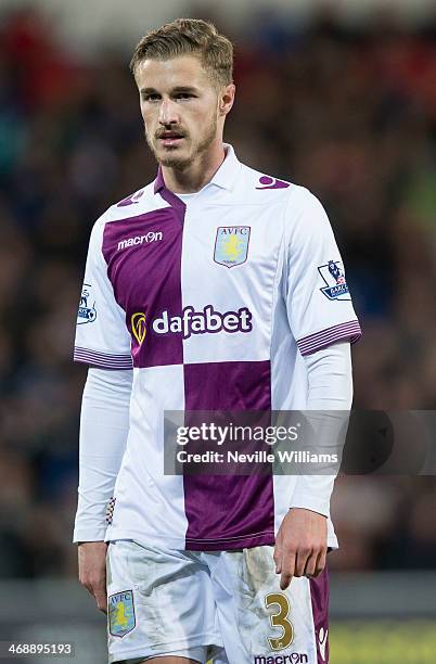 Joe Bennett of Aston Villa in action during the Barclays Premier League match between Cardiff City and Aston Villa at the Cardiff City Stadium on...