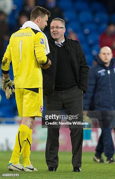 Paul Lambert manager of Aston Villa shakes hands after the Barclays Premier League match between Cardiff City and Aston Villa at the Cardiff City...