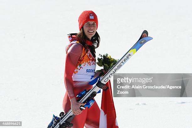 Dominique Gisin of Switzerland wins joint gold during the Alpine Skiing Women's Downhill at the Sochi 2014 Winter Olympic Games at Rosa Khutor Alpine...