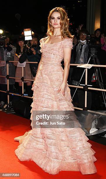 Actress Lily James attends the premiere of "Cinderella" at Roppongi Hills on April 08, 2015 in Tokyo, Japan.