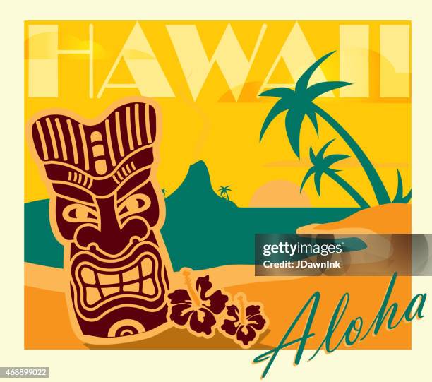 stockillustraties, clipart, cartoons en iconen met retro yellow summer tiki bar hawaiian party postcard design template - hawaiian glyph