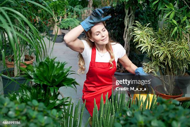 arbeitnehmer im garten-center erhalten sie müde - frühjahrsmüdigkeit frau stock-fotos und bilder