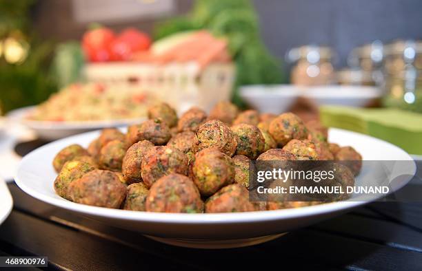 The new IKEA vegetarian meatballs are on display, during a worldwide launch at IKEA Anderlecht, on April 8, 2015. IKEA, who withdrew its signature...