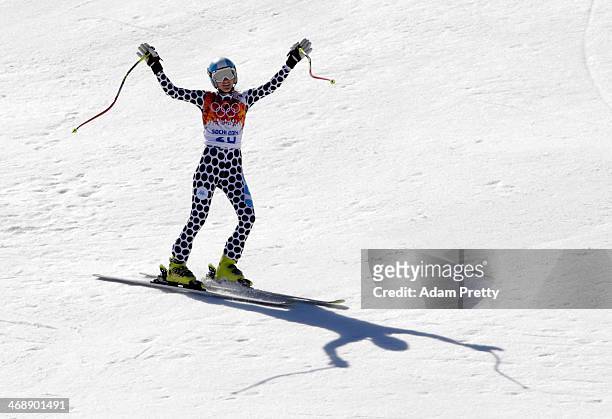 Macarena Simari Birkner of Argentina reacts at the end of her run during the Alpine Skiing Women's Downhill on day 5 of the Sochi 2014 Winter...