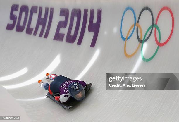 Shelley Rudman of Great Britain in action during a training session on Day 5 of the Sochi 2014 Winter Olympics at the Sanki Sliding Center on...