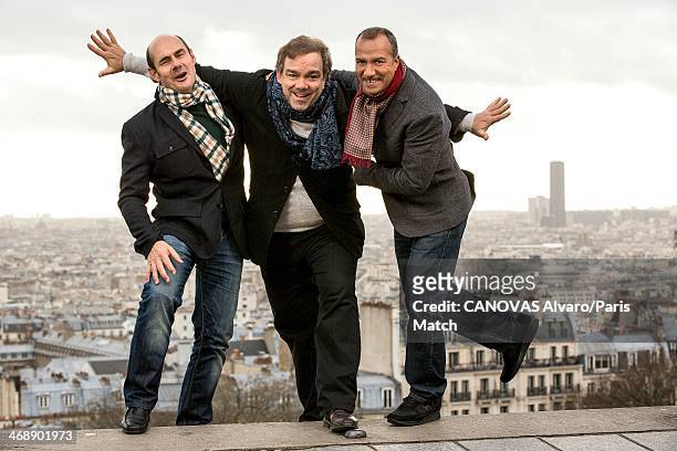 French humorists of Les Inconnus : Bernard Campan, Didier Bourdon and Pascal Legitimus are photographed for Paris Match on January 27, 2014 in Paris,...