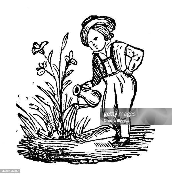 Antique Illustration Of Man Watering Plant High-Res Vector Graphic