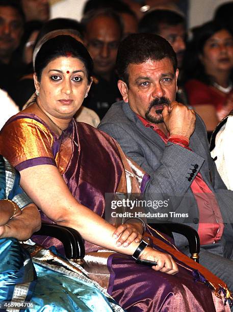 Human Resource Development minister Smriti Irani with her husband Zubin Irani during Padma awards ceremony at Rashtrapti Bhawan on April 8, 2015 in...