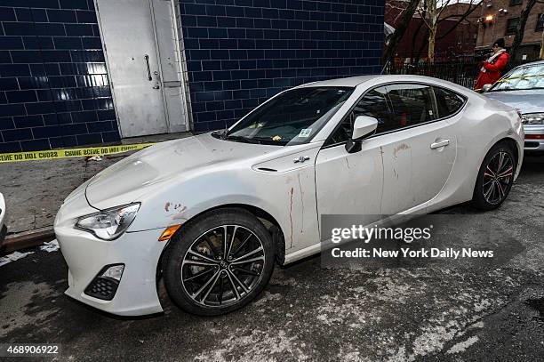 Blood is on a car near the 1 OAK Club early Wednesday morning on April 8 in New York. Former New York Knick, Chris Copeland, now playing for the...