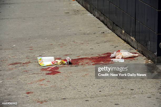 The blood sidewalk outside the 1 OAK Club early Wednesday morning on April 8 in New York. Former New York Knick, Chris Copeland, now playing for the...