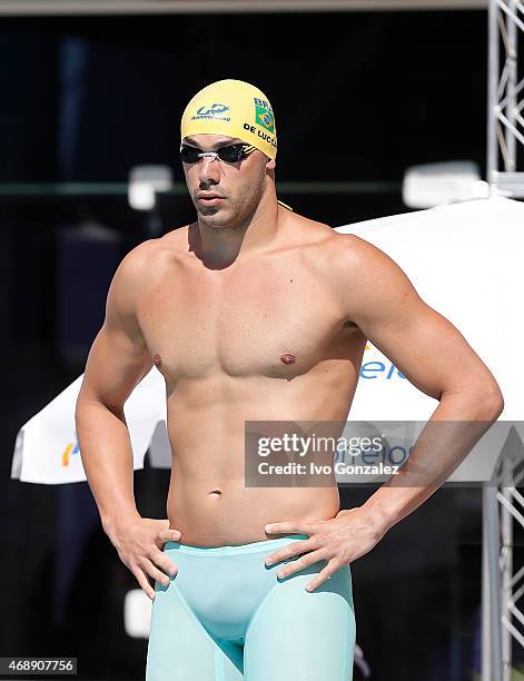 Joao de Lucca prepares to compete in the Men's 50m freestyle heats on day three of the Maria Lenk Swimming Trophy 2015 at Fluminense Club on April 8,...