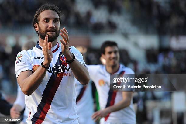 Rolando Bianchi of Bologna FC celebrates victory at the end of the Serie A match between Torino FC and Bologna FC at Stadio Olimpico di Torino on...