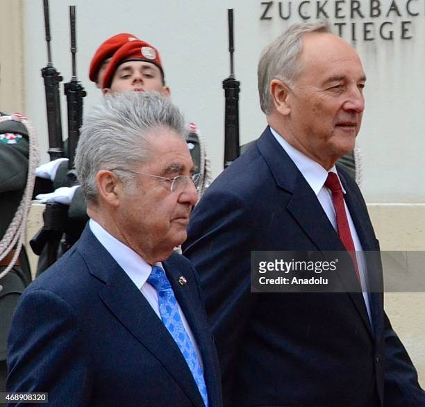 Austrian President Heinz Fischer welcomes Latvian President Andris Berzins with an official ceremony in Vienna, Austria on April 8, 2015.