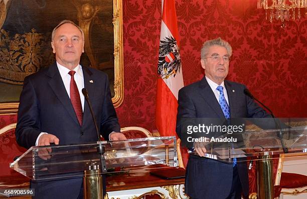Latvian President Andris Berzins and Austrian President Heinz Fischer are seen during a joint press conference in Vienna, Austria on April 8, 2015.