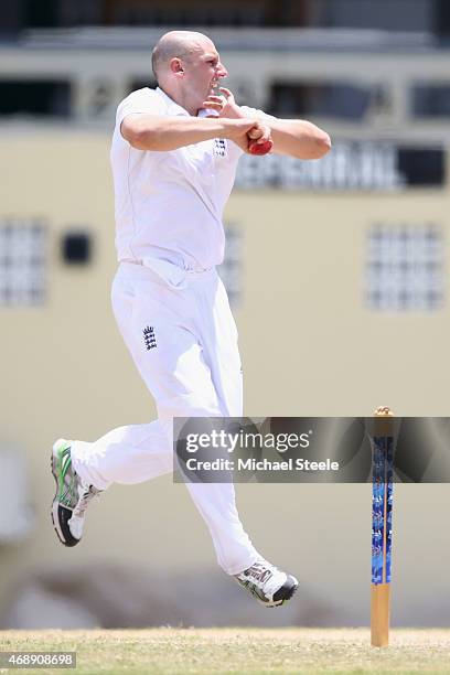 James Tredwell of England bowls during day one of the 2nd Invitational Warm Up match between St Kitts and Nevis and England at Warner Park on April...