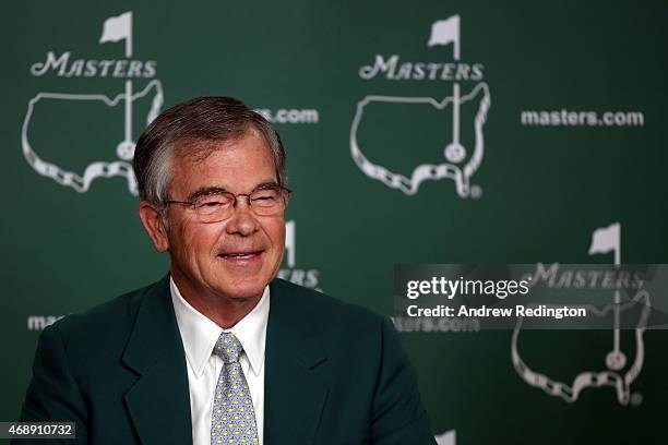 William Porter Payne, Chairman of the Augusta National Golf Club, chats with the media prior to the start of the 2015 Masters Tournament at Augusta...