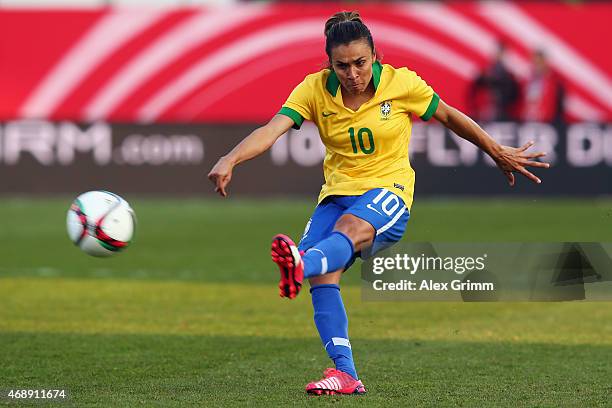 Marta of Brazil controles the ball during the Women's International Friendly match between Germany and Brazil at Trolli-Arena on April 8, 2015 in...