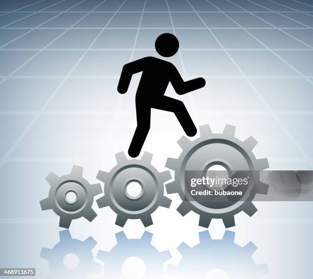 klettern strichmännchen mit getriebe auf raster-hintergrund - auf etwas treten stock-grafiken, -clipart, -cartoons und -symbole