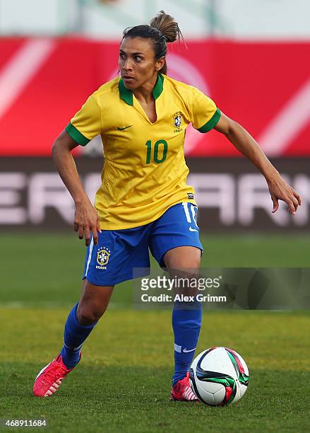 Marta of Brazil controles the ball during the Women's International Friendly match between Germany and Brazil at Trolli-Arena on April 8, 2015 in...