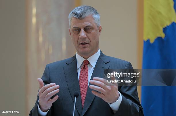 Kosovo's Deputy Prime Minister and Foreign Minister Hashim Thaci delivers a speech during a joint press conference with his Croatian counterpart...