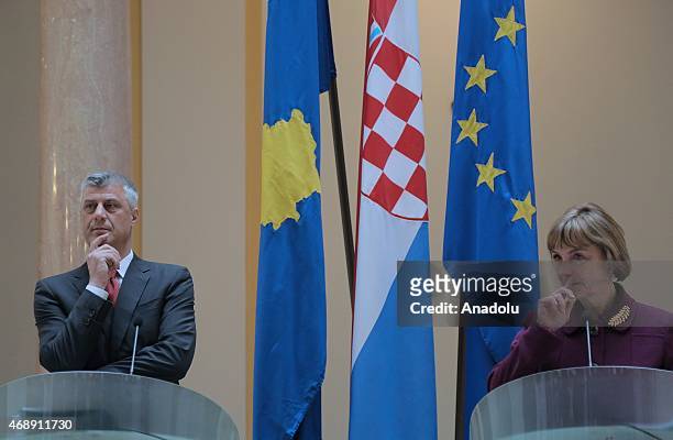 Kosovo's Deputy Prime Minister and Foreign Minister Hashim Thaci and his Croatian counterpart Vesna Pusic are seen during a joint press conference in...