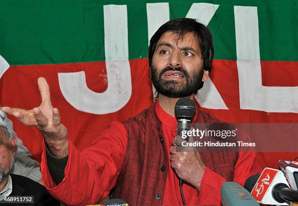 Kashmiri separatist leader and JKLF chairman Yasin Malik addressing press conference against the separate townships for Kashmiri Pandits on April 8,...