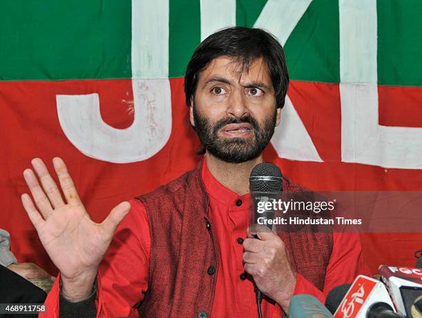 Kashmiri separatist leader and JKLF chairman Yasin Malik addressing press conference against the separate townships for Kashmiri Pandits on April 8,...