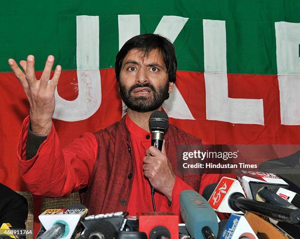 Kashmiri separatist leader and JKLF chairman Yasin Malik addressing press conference against the separate townships for Kashmiri Pandits on April 8,...