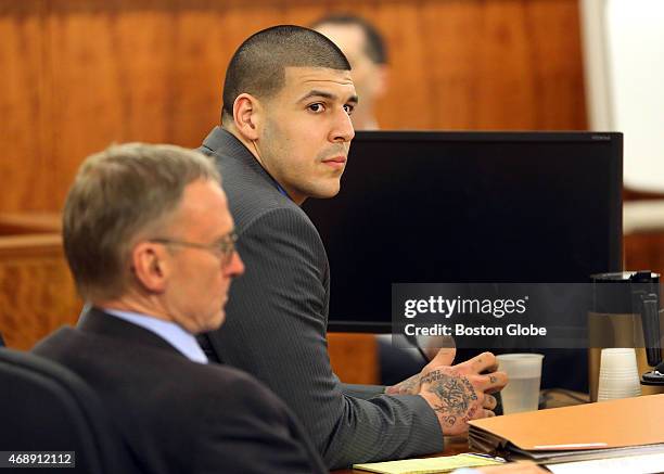 Closing arguments in the Aaron Hernandez trial for the murder of Odin Lloyd at Fall River Superior Court. Hernandez looks at the jury as the judge...