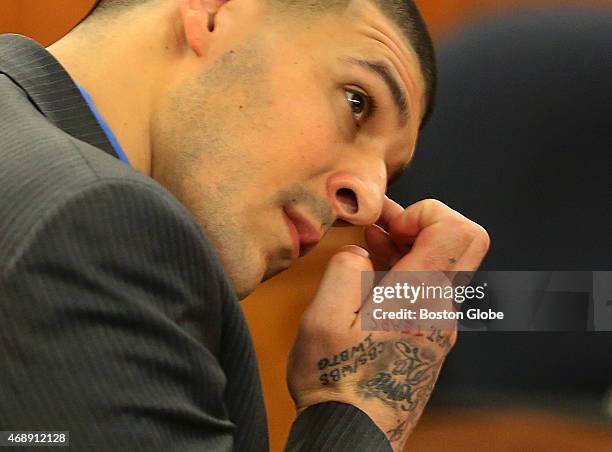 Closing arguments in the Aaron Hernandez trial for the murder of Odin Llyod at Fall River Superior Court. Hernandez wipes his face as he listens to...