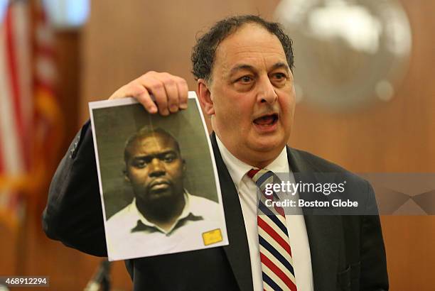 Closing arguments in the Aaron Hernandez trial for the murder of Odin Lloyd at Fall River Superior Court. Defense attorney James Sultan holds up a...