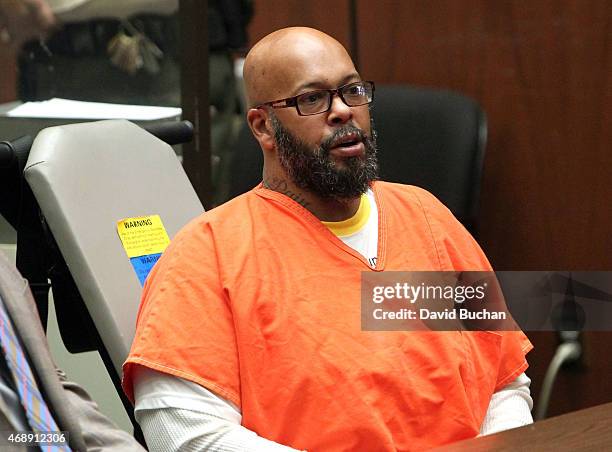 Marion 'Suge' Knight appears in court with his Lawyer Matthew P Fletcher for a preliminary hearing in a robbery charge case at Criminal Courts...