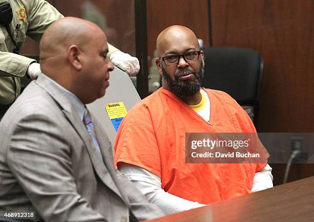 Marion 'Suge' Knight appears in court with his Lawyer Matthew P Fletcher for a preliminary hearing in a robbery charge case at Criminal Courts...