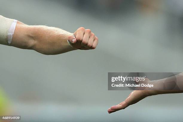 Cameron Guthrie and Mitch Duncan of the Cats celebrate a goal during the round one AFL NAB Cup match between the Geelong Cats and the Collingwood...