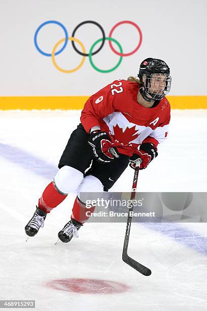 Hayley Wickenheiser of Canada warms up prior tothe Women's Ice Hockey Preliminary Round Group A game against the United States on day five of the...