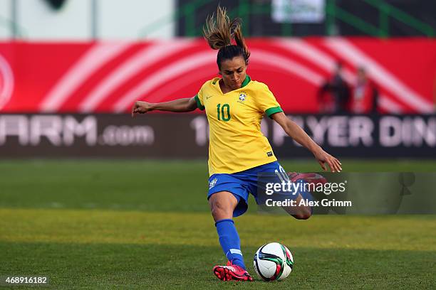 Marta of Brazil controles the ball during the Women's International Friendly match between Germany and Brazil at Trolli-Arena on April 8, 2015 in...