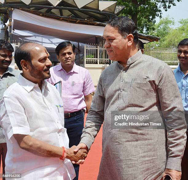 Ramdas Kadam and Dilip Valse Patil outside Vidhan Bhavan on April 8, 2015 in Mumbai, India.