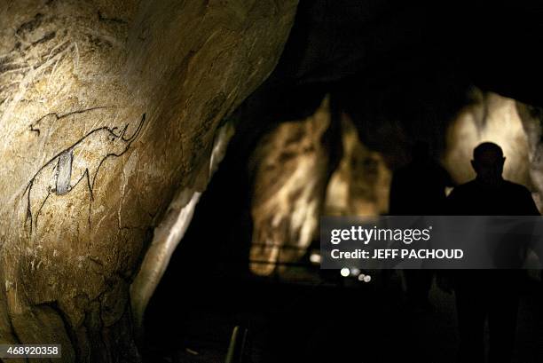 Man walks past the full-scale reproduction of frescos found at the cave of Pont-D'Arc also known as the Chauvet cave, on April 8, 2015 in Vallon Pont...