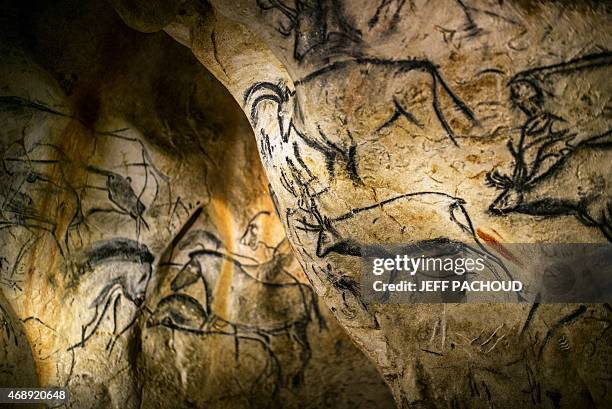 Detail of the full-scale reproduction of frescos found at the cave of Pont-D'Arc also known as the Chauvet cave, on April 8, 2015 in Vallon Pont...