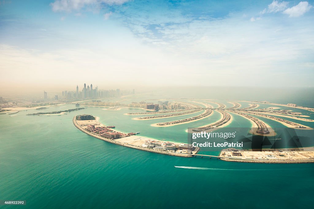 Dubai Marina skyscrapers and The Palm Island aerial view