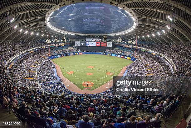 General view of Olympic Stadium during the game between the Cincinnati Reds and the Toronto Blue Jays on Friday, April 3, 2015 in Montreal, Canada.