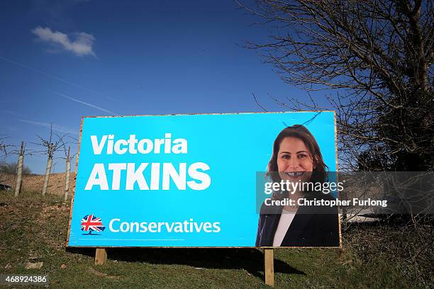 An election poster for Victoria Atkins, the Conservative candidate for Louth and Horncastle, is defaced on April 8, 2015 in Louth, United Kingdom....