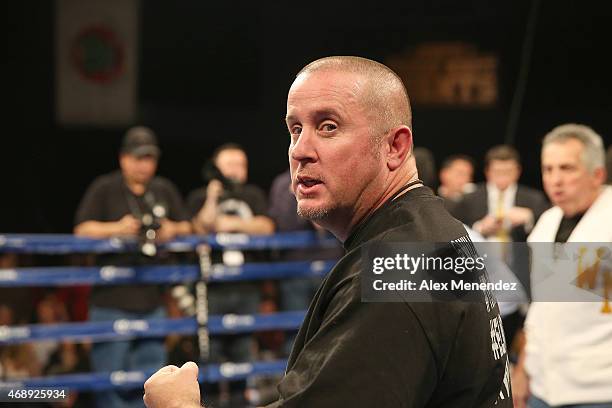 Tony Morgan, trainer for Willie Monroe Jr., is seen during the Bryan Vera vs Willie Monroe Jr. NABA/NABO middleweight championship fight at the...