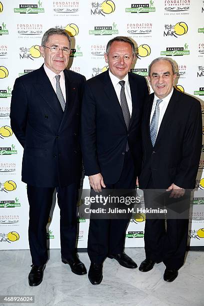 President Of GDF-SUEZ Gerard Mestrallet, Ministre of Sports Thierry Braillard and President of Federation Francaise de Tennis Jean Gachassin attend...