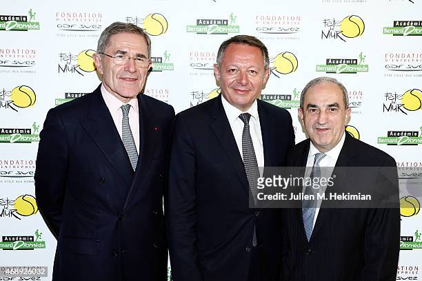 President Of GDF-SUEZ Gerard Mestrallet, Ministre of Sports Thierry Braillard and President of Federation Francaise de Tennis Jean Gachassin attend...