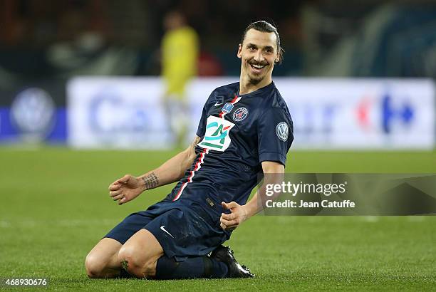 Zlatan Ibrahimovic of PSG celebrates his third goal during the French Cup semi-final match between Paris Saint-Germain FC and AS Saint-Etienne at...