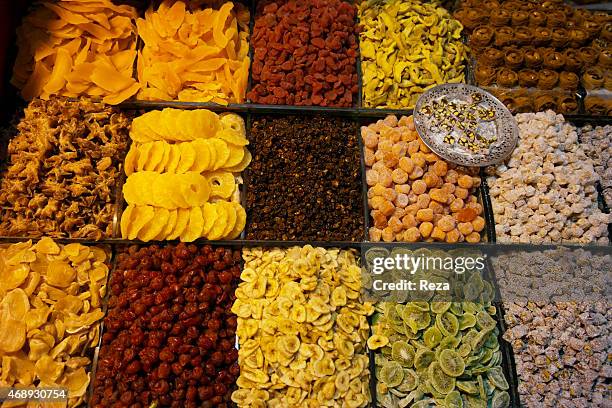 October 6 Spice Bazaar, Eminonu, Fatih District, Istanbul, TurkeyA stand at the Spice Bazaar sells an array of dried fruits including dried mango,...