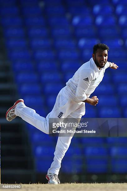 Adil Rashid of England during day one of the 2nd Invitational Warm Up match between St Kitts and Nevis and England at Warner Park on April 8, 2015 in...