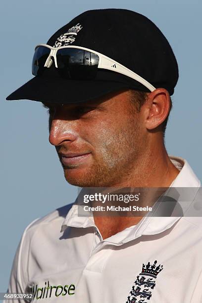 Jos Buttler of England during day one of the 2nd Invitational Warm Up match between St Kitts and Nevis and England at Warner Park on April 8, 2015 in...